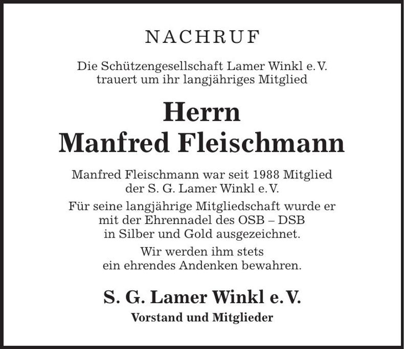 Traueranzeige Manfred Fleischmann