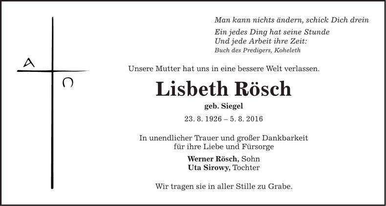 Traueranzeige Lisbeth Rösch