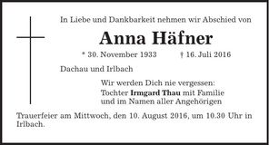 Traueranzeige Anna Häfner