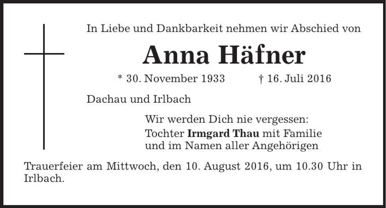 Traueranzeige Anna Häfner