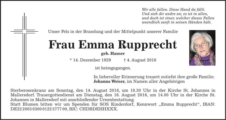Traueranzeige Emma Rupprecht