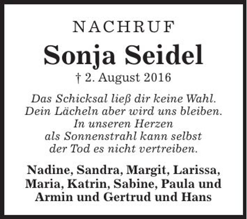 Traueranzeige Sonja Seidel