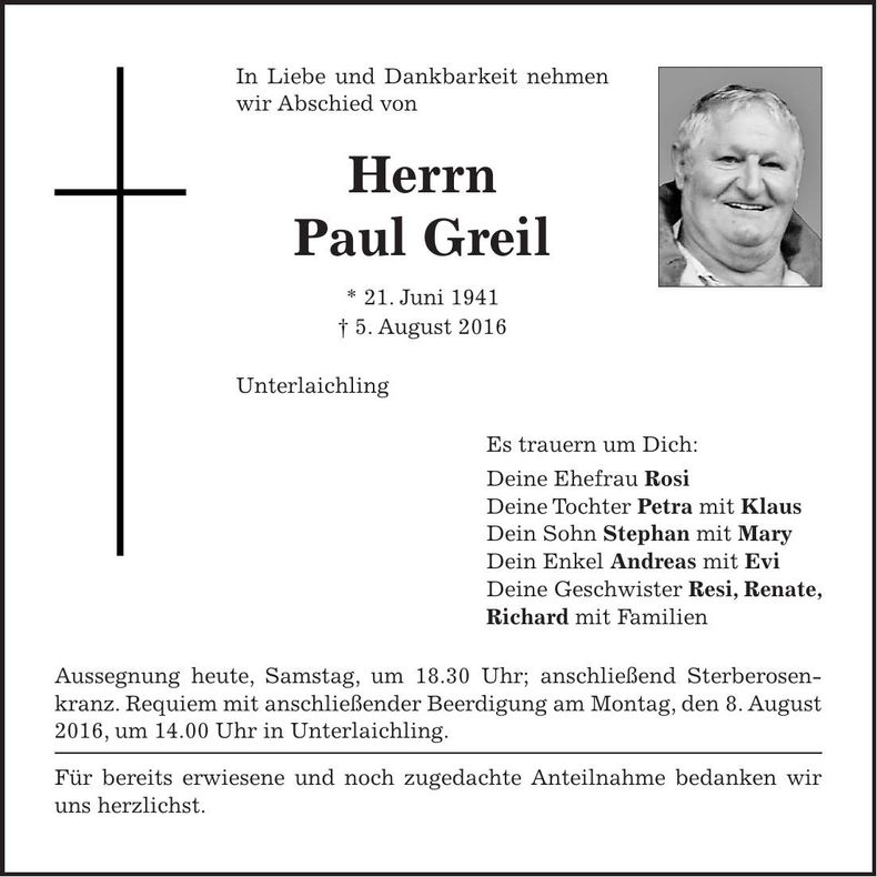 Traueranzeige Paul Greil