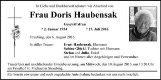 Traueranzeige Doris Haubensak