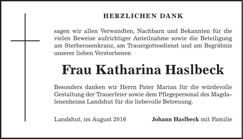 Traueranzeige Katharina Haslbeck
