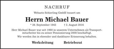 Traueranzeige Michael Bauer