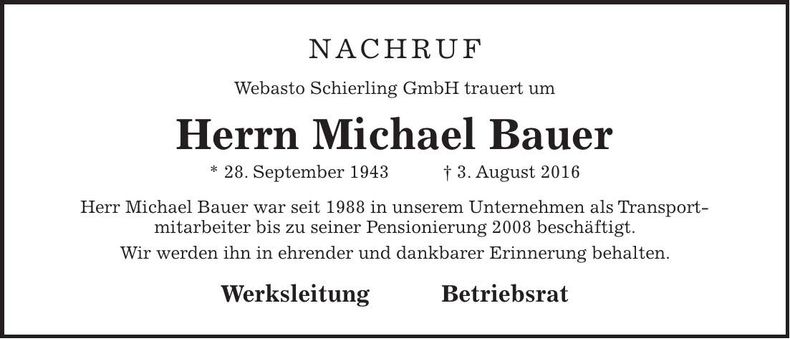 Traueranzeige Michael Bauer
