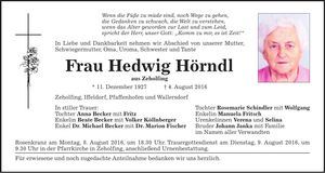 Traueranzeige Hedwig Hörndl