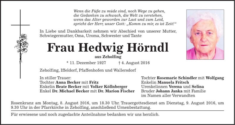 Traueranzeige Hedwig Hörndl