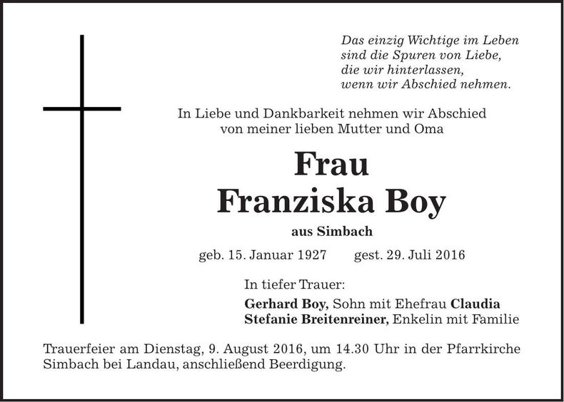 Traueranzeige Franziska Boy