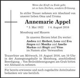 Traueranzeige Annemarie Appel