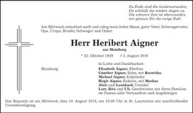 Traueranzeige Heribert Aigner