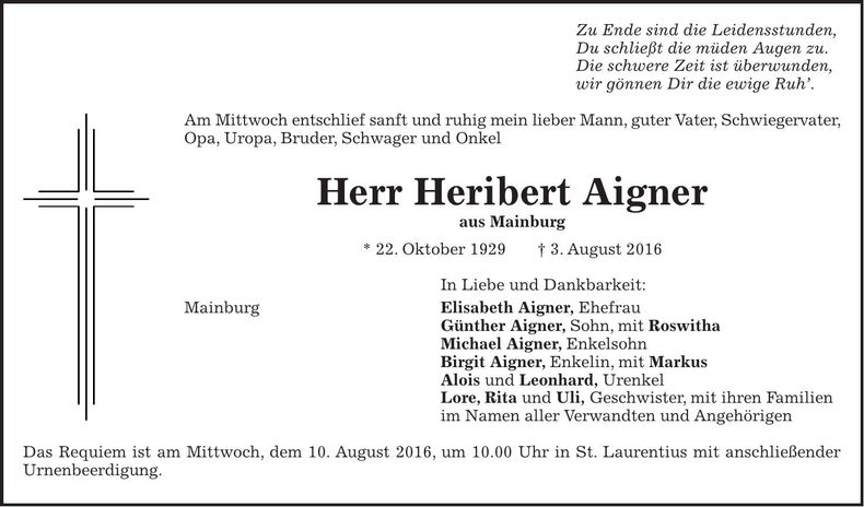Traueranzeige Heribert Aigner