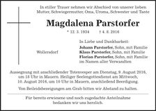 Traueranzeige Magdalena Parstorfer