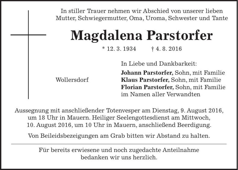 Traueranzeige Magdalena Parstorfer