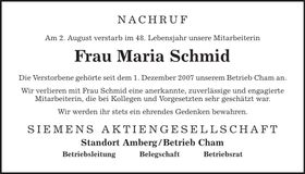 Traueranzeige Maria Schmid