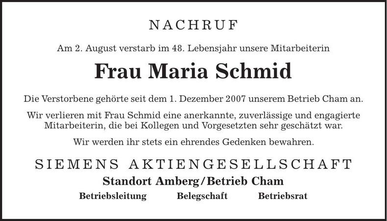 Traueranzeige Maria Schmid