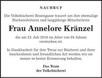 Traueranzeige Annelore Kränzel