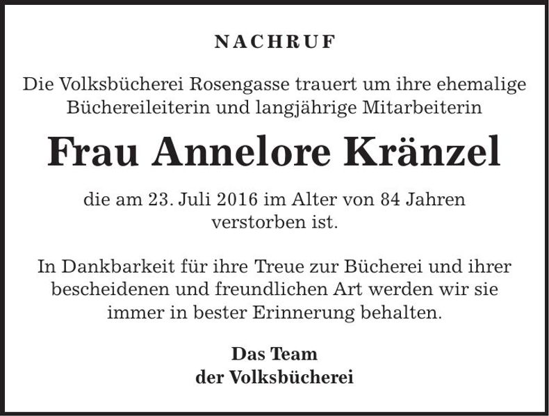 Traueranzeige Annelore Kränzel