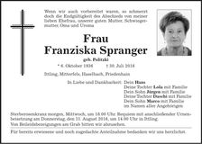 Traueranzeige Franziska Spranger