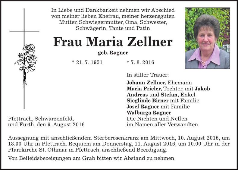 Traueranzeige Maria Zellner