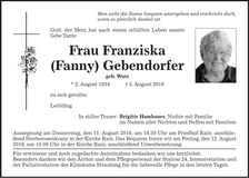 Traueranzeige Franziska (Fanny) Gebendorfer