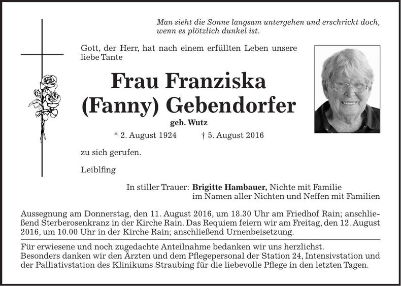 Traueranzeige Franziska (Fanny) Gebendorfer