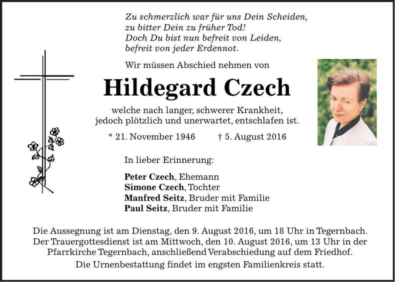 Traueranzeige Czech Hildegard