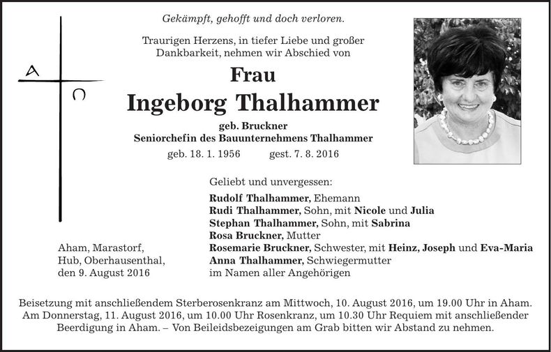 Traueranzeige Ingeborg Thalhammer