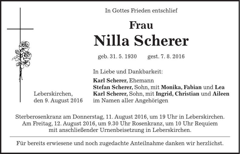 Traueranzeige Nilla Scherer