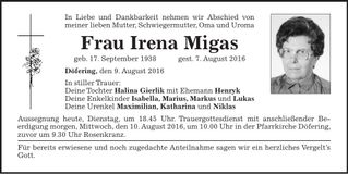 Traueranzeige Irena Migas