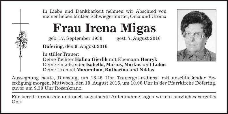 Traueranzeige Irena Migas