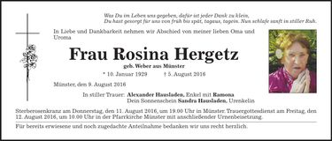 Traueranzeige Rosina Hergetz