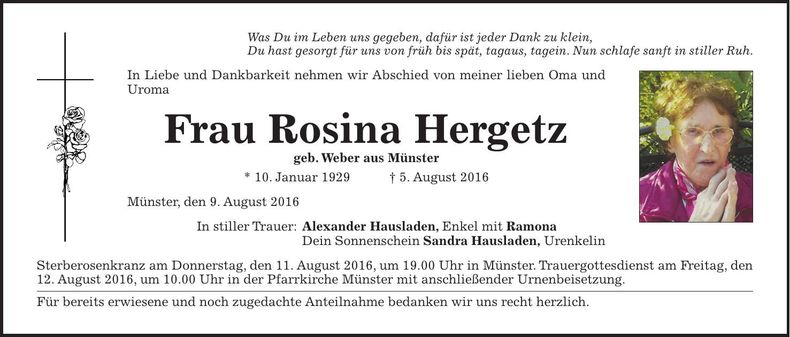Traueranzeige Rosina Hergetz