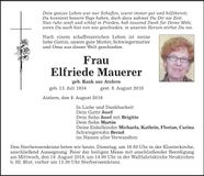 Traueranzeige Elfriede Mauerer