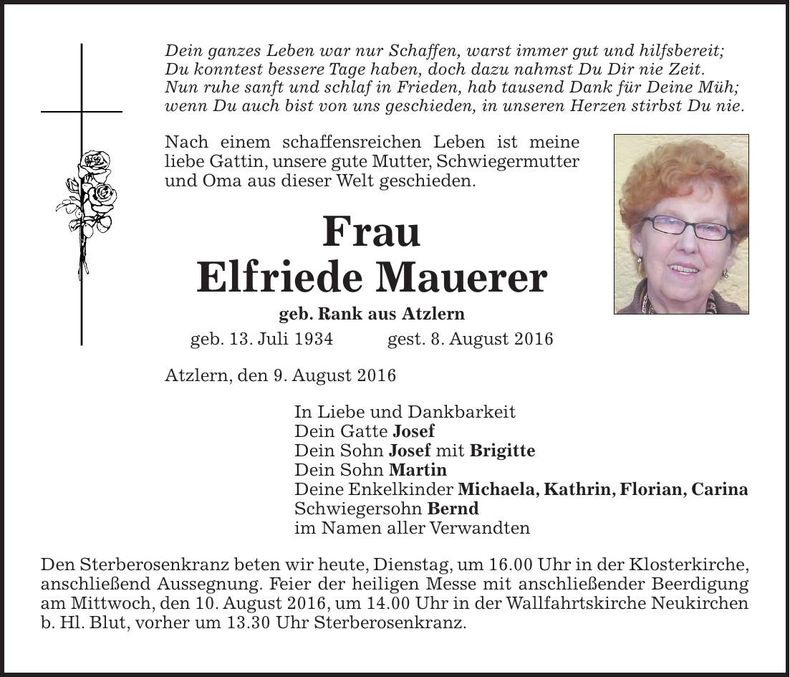 Traueranzeige Elfriede Mauerer