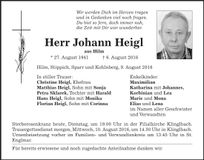 Traueranzeige Johann Heigl