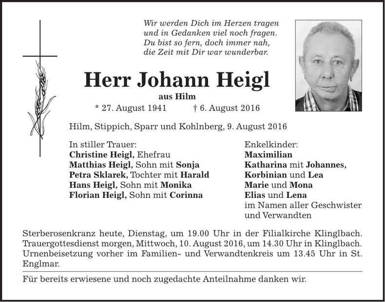 Traueranzeige Johann Heigl