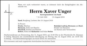 Traueranzeige Xaver Unger