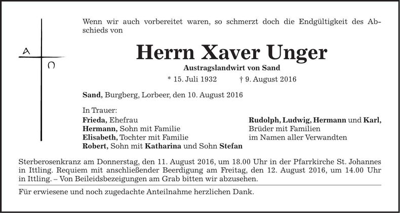 Traueranzeige Xaver Unger