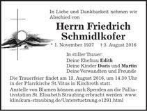 Traueranzeige Friedrich Schmidlkofer