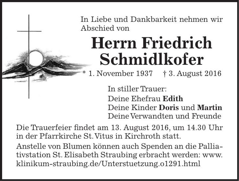 Traueranzeige Friedrich Schmidlkofer