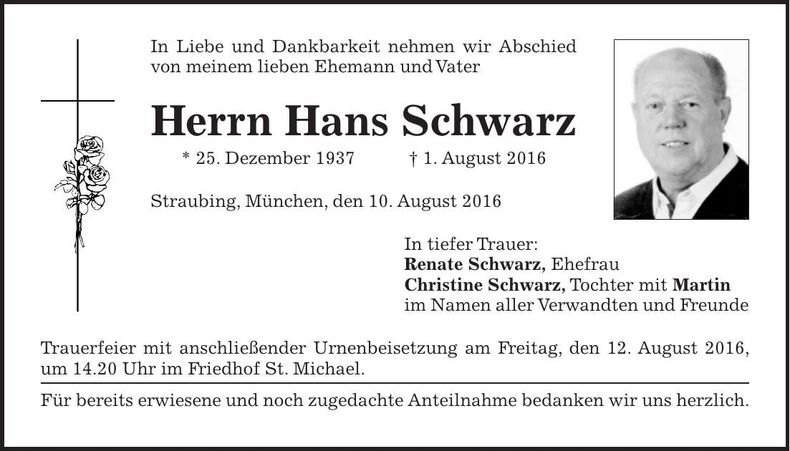 Traueranzeige Hans Schwarz