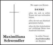 Traueranzeige Maximiliana Schwendler