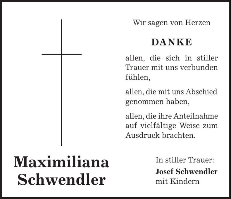 Traueranzeige Maximiliana Schwendler