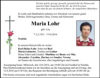 Traueranzeige Maria Lohr