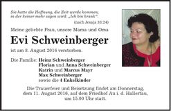 Traueranzeige Evi Schweinberger