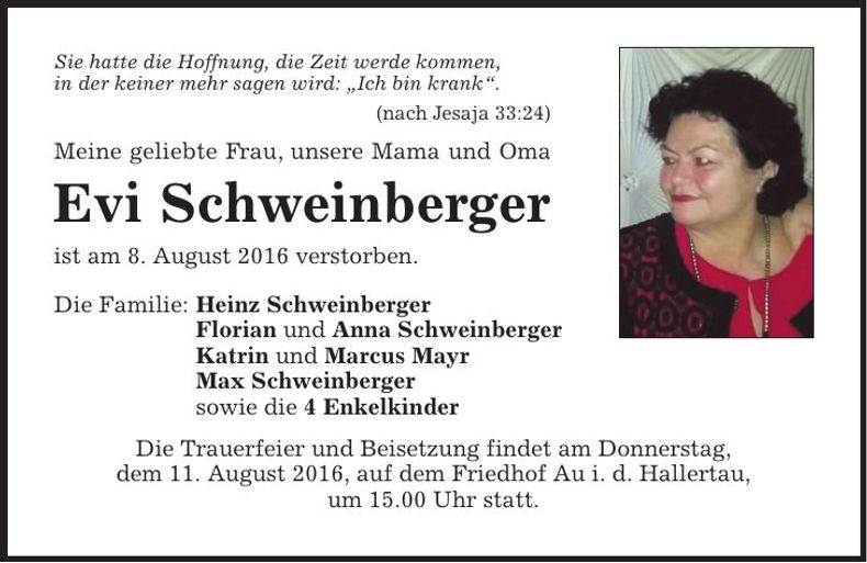 Traueranzeige Evi Schweinberger