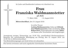 Traueranzeige Franziska Waldmannstetter