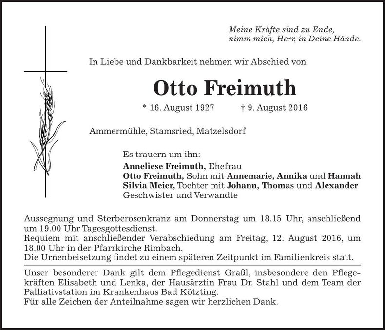 Traueranzeige Otto Freimuth